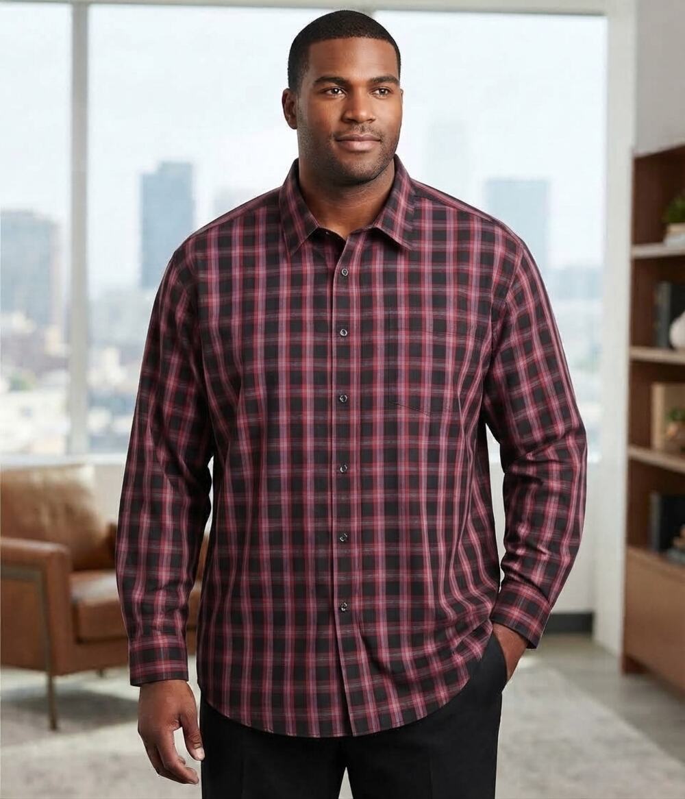 Vanhusen Men 4x 21-21.5 Neck Black Plaid Cotton Long Sleeve Button Front Shirt